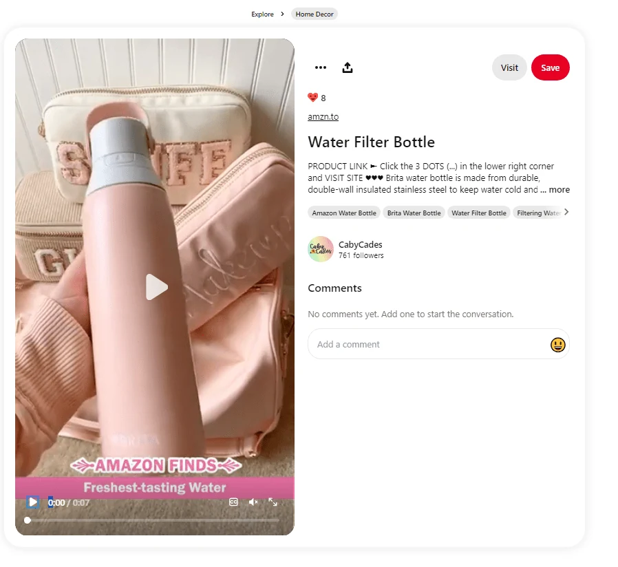 Example of Direct Linking in Pinterest Affiliate Marketing with a Water Filter Bottle Pin