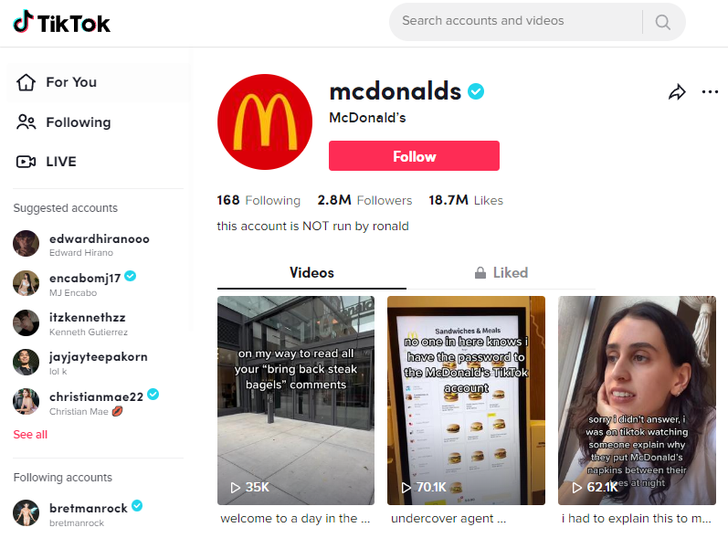 McDonald’s TikTok account