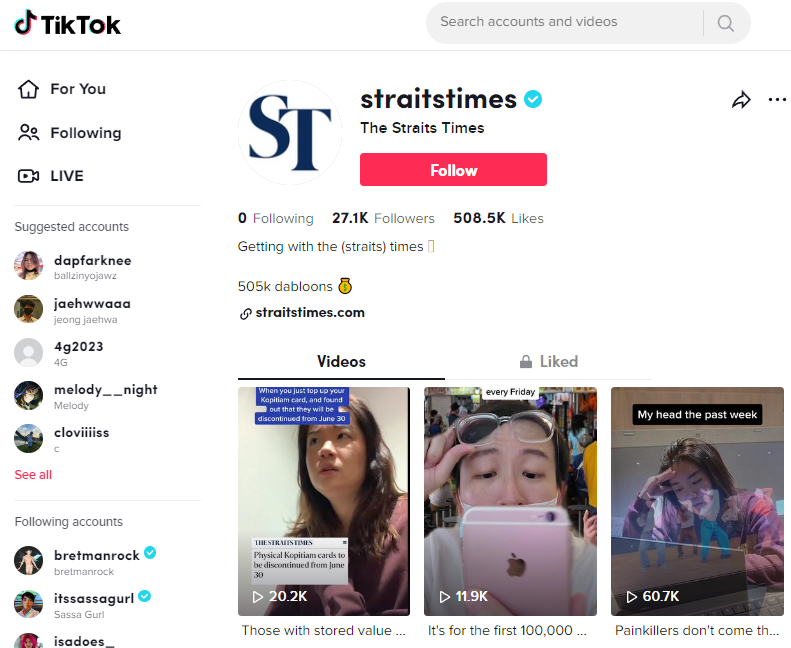 TikTok account of The Straits Times