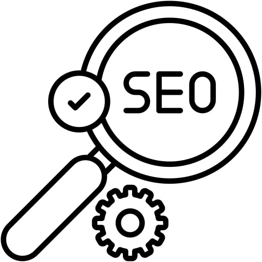 Icon of a magnifying glass with the acronym SEO inside, accompanied by a gear, representing Search Engine Optimization.